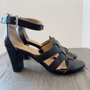 Adrienne Vittadini Belinda Black Leather Caged Block Heel Sandals Size 7.5